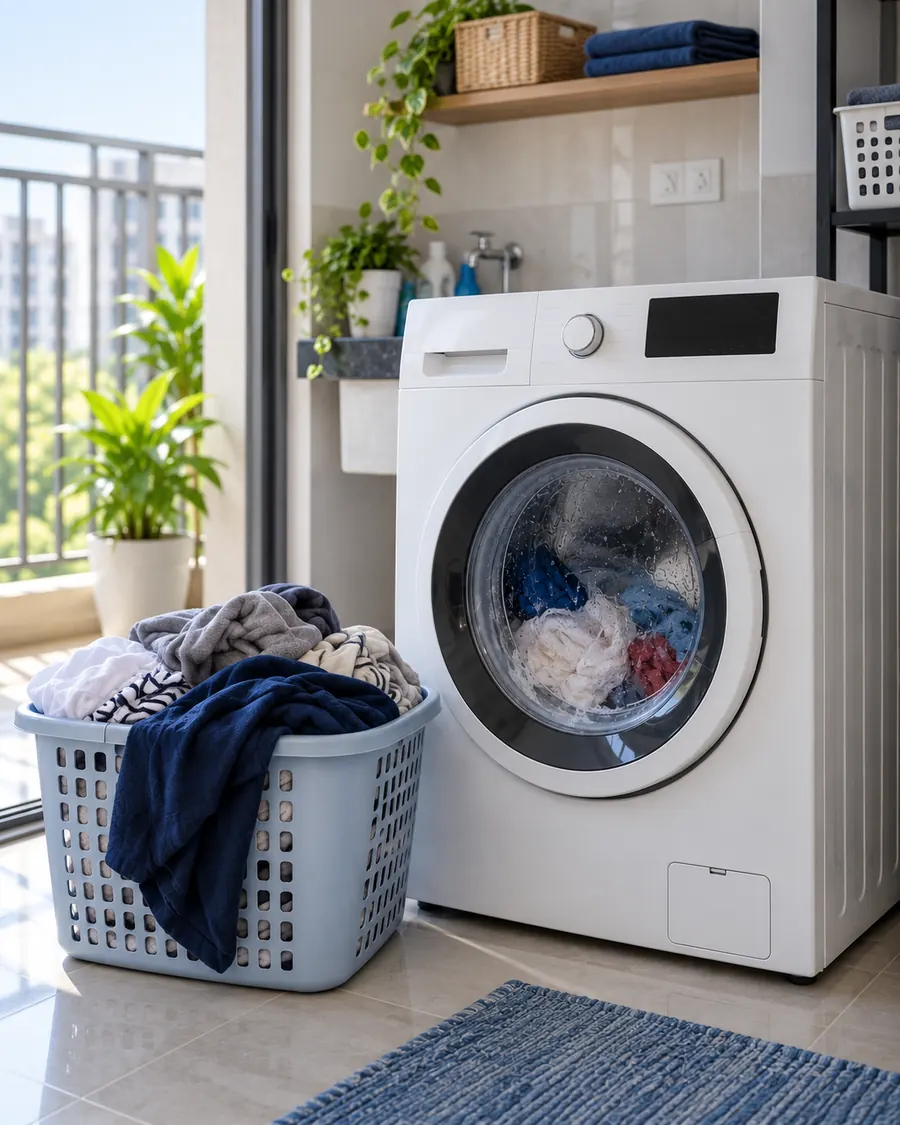 Laundry basket piled with clothes beside a front load washing machine in a Vellore apartment