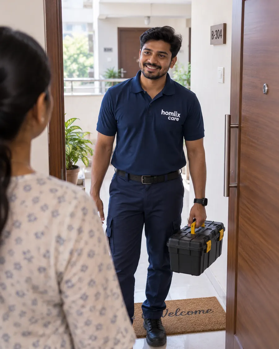 Homlix Care technician in a navy uniform arriving at a customer's apartment door in Vellore with a toolbox