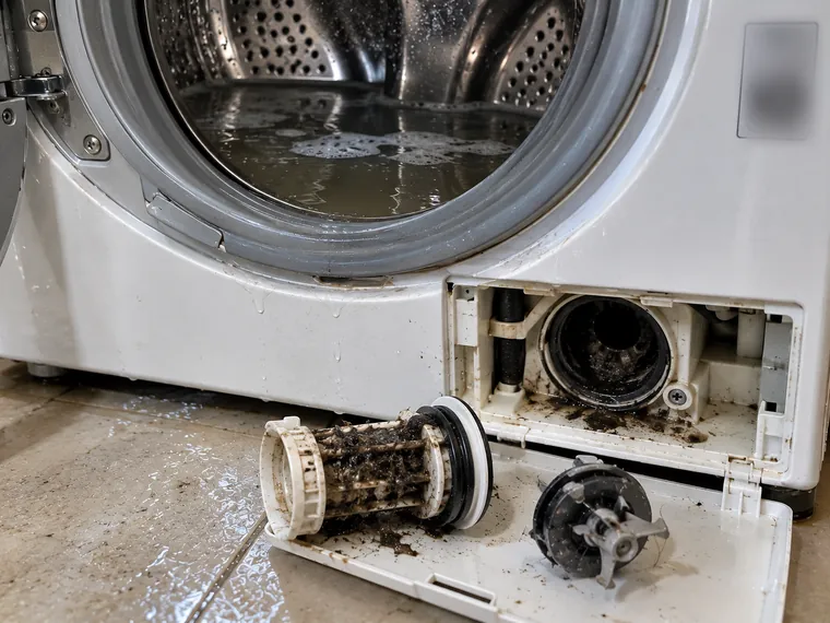Drain filter clogged with lint and grit, lying beside the open filter housing