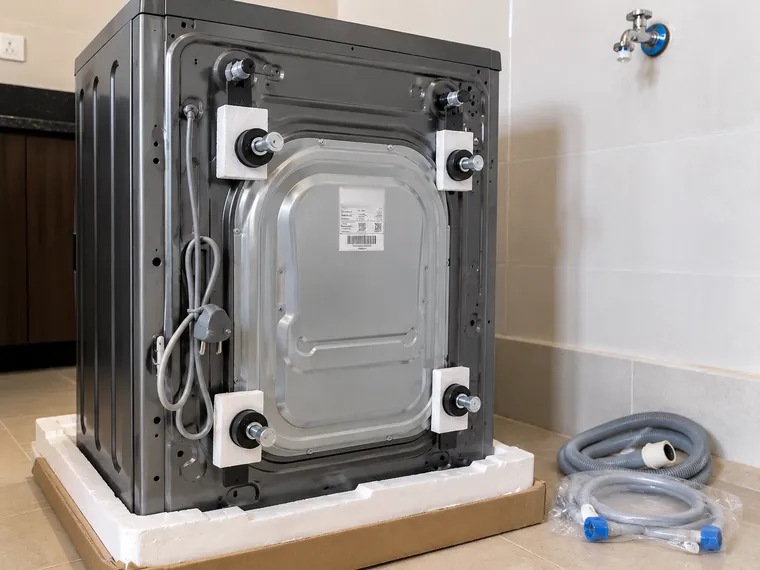 New front load washing machine on its packing base with transit bolts still fitted
