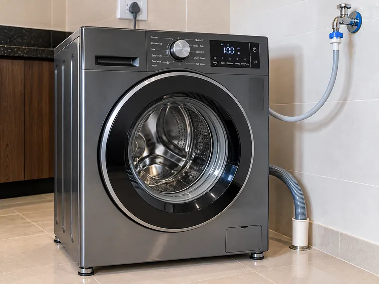 Front load washing machine standing level with inlet and drain hoses connected