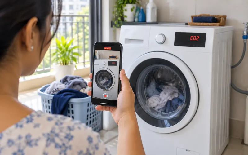 Customer recording a phone video of a washing machine showing an error code, to send on WhatsApp