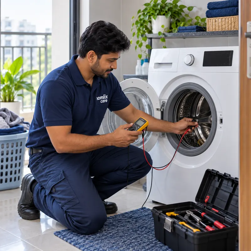 Technician testing a front load washing machine door lock with a multimeter at a customer's home