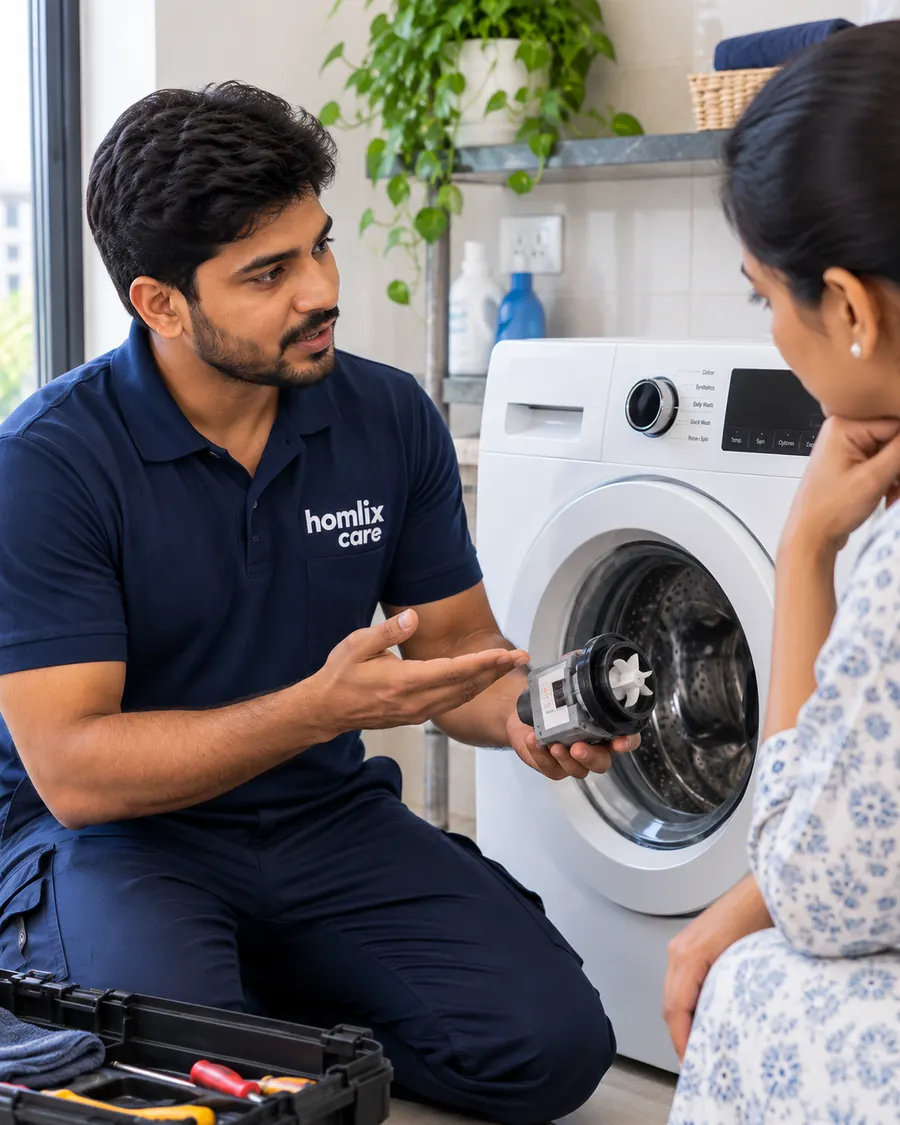 Technician showing a customer the faulty drain pump removed from her washing machine