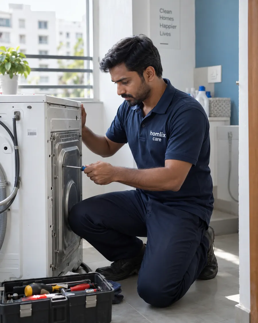 Technician in a navy Homlix Care uniform repairing the back of a front load washing machine at home