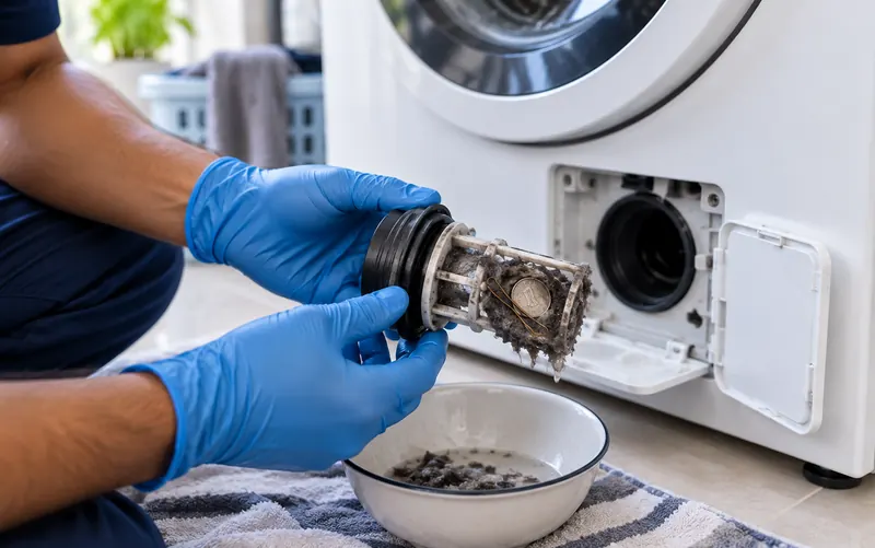 Gloved hands holding a washing machine drain filter clogged with lint, a coin and a hairpin
