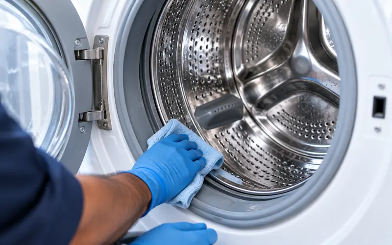 Gloved hand cleaning the door seal and steel drum of a front load washing machine