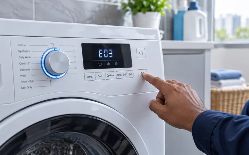 Technician pressing a button on a washing machine that is showing error code E03