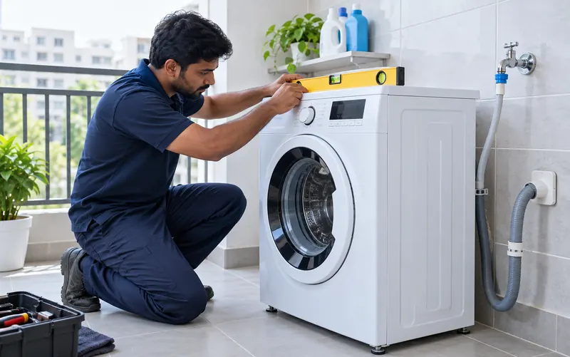 Technician levelling a newly installed front load washing machine with a spirit level
