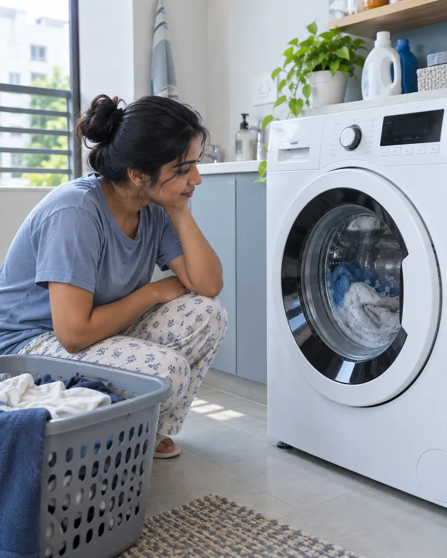 Woman crouching in front of a front load washing machine full of wet clothes, beside a laundry basket