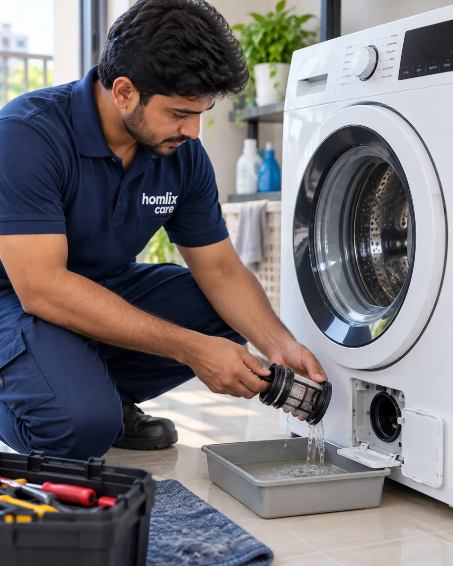 Homlix Care technician removing the drain filter of a front load washing machine as water drains into a tray