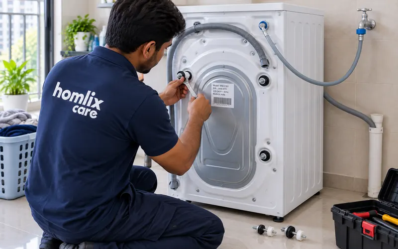 Technician removing transit bolts from the back of a new front load washing machine during installation